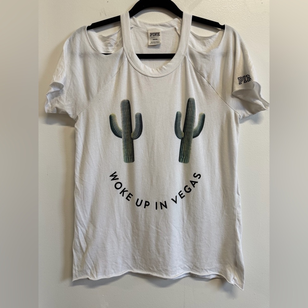 PINK Victoria's Secret White Graphic Shoulder Cut Out Tee